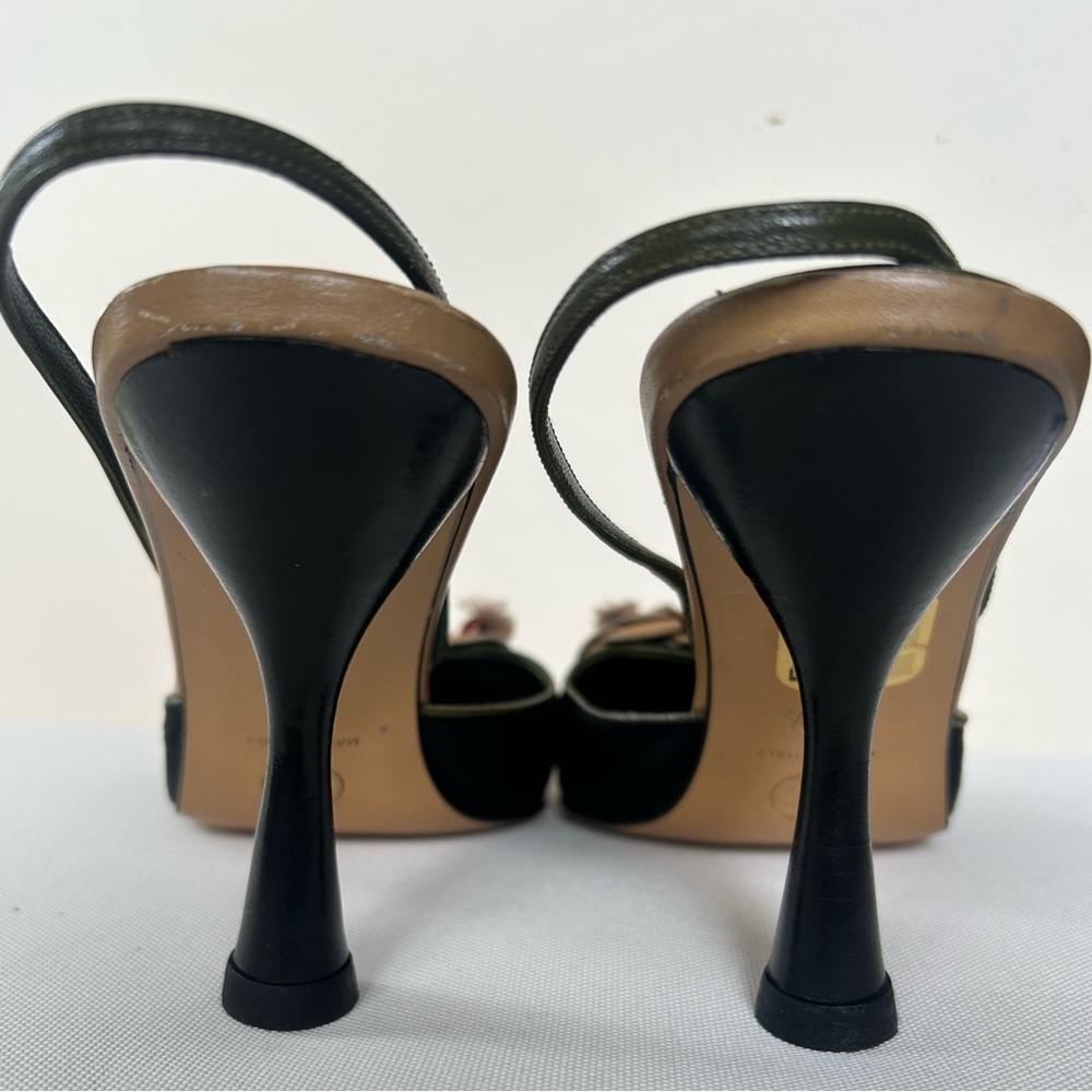 Vintage CHANEL Camellia Slingback Heels  Black Linen Tan Olive Leather Flower - Picture 6 of 15